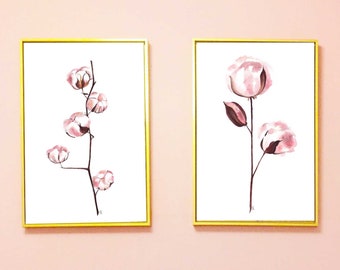 Set of 2 Cotton Bolls Prints, Blush Pink Flowers Watercolor Paintings, Neutral Wall Art