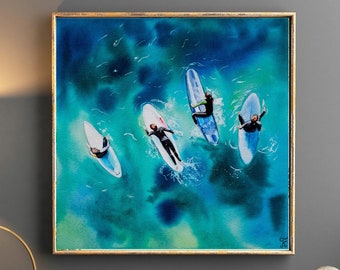 Surf Watercolour Painting, Surfing Print, Sea Ocean Art Original, Boho Poster, Summer Wall Art, Gift for Surfer