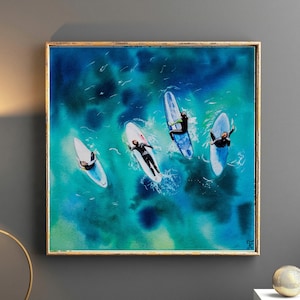Pintura de acuarela de surf, impresión de surf, arte original del mar y el océano, póster bohemio, arte de pared de verano, regalo para surfistas