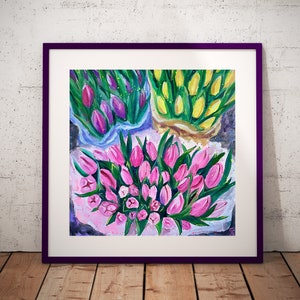 Peinture à la gouache originale de tulipes, aquarelle de fleurs, oeuvre d'art de bouquet, esthétique cottage
