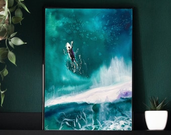 Impresión de acuarela de surf: arte de las olas del océano