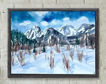 Mountain Original Watercolor Painting, Snowy Winter Landscape Artwork, Slovak Home Decor