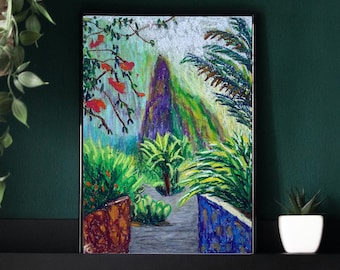 Tropical Landscape Original Painting, Green Mountain Oil Pastel Drawing, Spain Nature Artwork, Canary Islands Wall Art