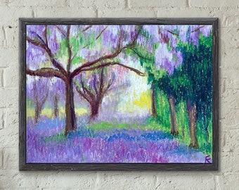 Garden Original Painting, Purple Tree Oil Pastel Drawing, Floral Wall Art, Gift for Her