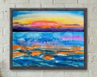 Meereslandschaft Aquarellmalerei, Meer Ozean Wandkunst, Sonnenuntergang großes Originalgemälde, Küsten-Wohndekor