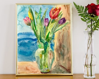 Tulipanes: Pintura original en acuarela: decoración floral colorida para pared