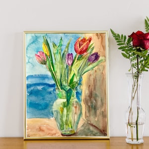 Tulipani Dipinto ad acquerello originale, regalo per la festa della mamma, decorazione murale colorata boho