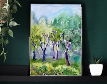 Trees Watercolor Painting Original, Green Forest Artwork, Bright Wall Art, Rainy Nature Picture