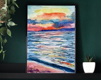 Sea Watercolor Painting, Sunset Seascape Original Artwork, Coastal Wall Art, Beach House Decor