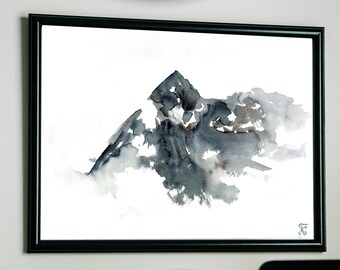 Mountain Print, Minimalist Watercolor Painting, Black and White Poster, Large Wall Art