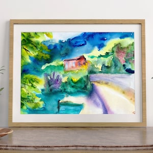Switzerland Landscape Watercolor Painting, Mountain Village Original Wall Art by Kate Grishakova