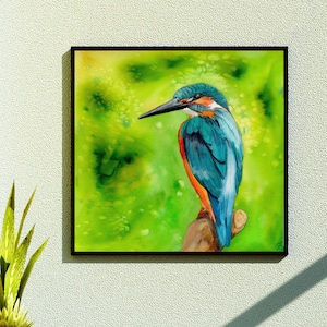 Dipinto ad acquerello di martin pescatore, poster di uccelli, stampa di animali, arte murale della natura verde, arredamento tropicale