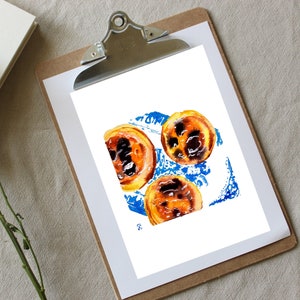 Impresión de comida portuguesa, pintura de acuarela de pastel de Lisboa, arte de Pastel de Nata, arte de pared de cocina