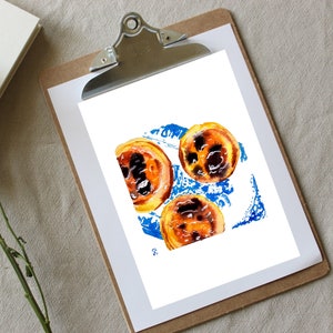 Portuguese food print, Lisbon cake watercolor painting, Pastel de Nata art, kitchen wall art image 1