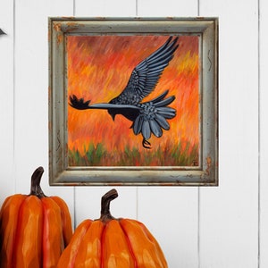 Pintura de corvo, impressão de Halloween, pôster de corvo preto, arte de pássaro voador, arte de parede mística