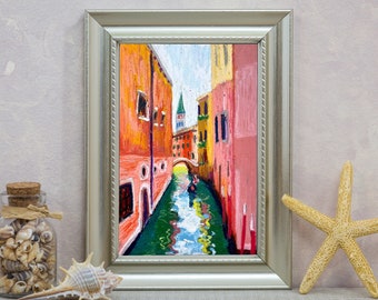 Venice Painting, Italy Original Oil Pastel Drawing, Gondola Illustration, Travel Gift