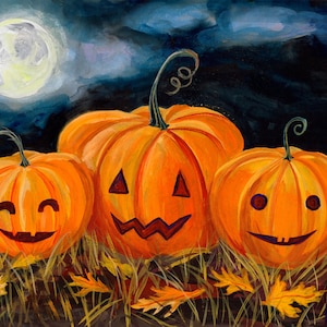 Impression d'Halloween, oeuvre d'art murale citrouille, peinture à la gouache d'automne, affiche effrayante mignonne