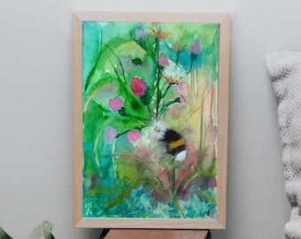 Bee Watercolor Painting, Bumble Bee Print, Summer Wall Art, Cottagecore Aesthetics