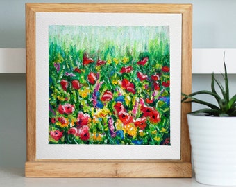 Blumen Original Öl Pastell Gemälde, Mohnfeld Zeichnung, Cottagecore Dekor, Geschenke für Sie, Blumenwandkunst