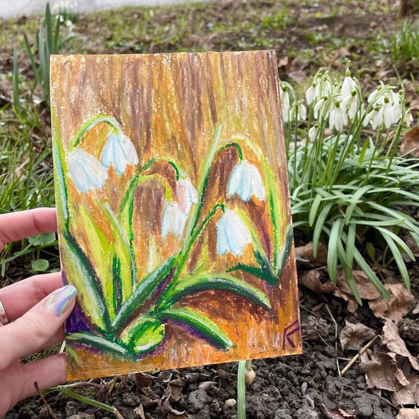 Snowdrops Original Oil Pastel Painting, Flower Hand Painted Card, Gifts for Her, Cottagecore Wall Art