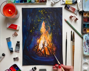 Lagerfeuer Aquarell Gemälde: Gemütliches Lagerfeuer Wandkunst