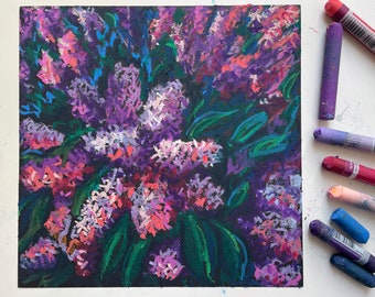 Lilac Flowers Oil Pastel Painting, Floral Original Drawing, Purple Gift for Her, Floral Wall Art