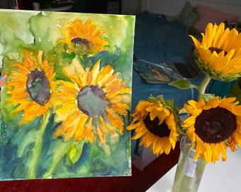 Sunflowers Painting, Yellow Flower Original Watercolor Painting, Gift for Her, Cottagecore Decor