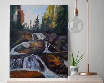 Waterfall Oil Painting on Canvas, Forest Mountains Original Artwork, Slovak Landscape Art, Lake House Decor