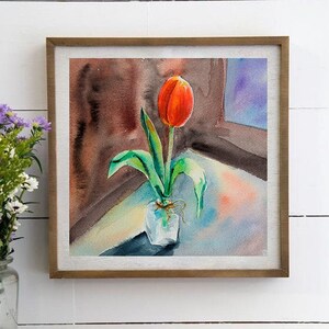 Tulpe Aquarell Malerei, Rote Blume Originale Zeichnung, Blumen Wand Dekor, Geschenk für Sie