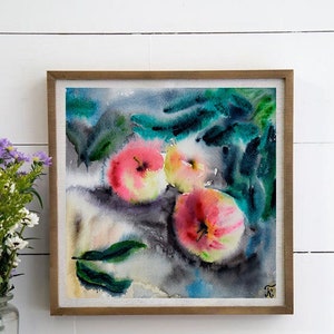 Acquerello di mele, opera d'arte originale di frutta, arte murale della cucina, arte impressionista, arredamento cottagecore