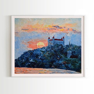 Art mural de la ville de Bratislava, impression d'horizon slovaque, peinture à l'huile impressionniste, cadeau de voyage de ville