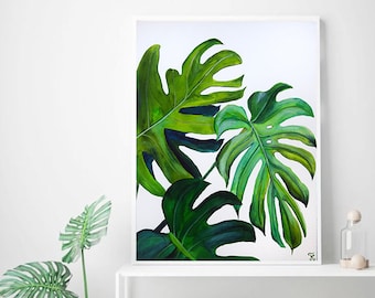 Monstera leaves printable wall art, botanical poster digital download, tropical palm leaf JPG