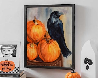 Impresión de acuarela de Halloween: Cuervo sobre calabazas, arte mural gótico místico