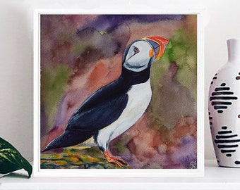 Puffin Watercolor Print, Iceland Bird Painting, Puffin Poster, Animal Illustration, Nursery Wall Art