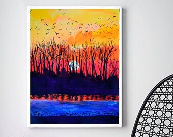 Fall Original Watercolor Painting, Sunset Landscape Artwork, Large Wall Art, Autumn Trees with Flying Birds Artwork