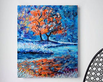 Tree Original Oil Painting on Canvas, Winter Abstract Landscape Artwork, Large Wall Art, Textured Impressionist Picture