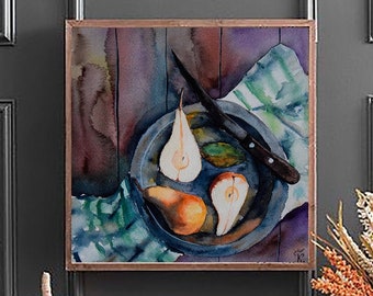 Kitchen Wall Art, Pears Watercolor Painting PRINT, Fruits Illustration, Housewarming gift