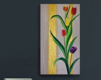 Tulipani Pittura a olio originale su tela, Arte della parete floreale, Grande immagine di tulipano, Opera d'arte verticale dorata, Art Nouveau