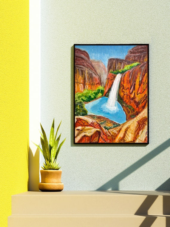 Grand Canyon Original Painting, Waterfall Oil Pastel Drawing