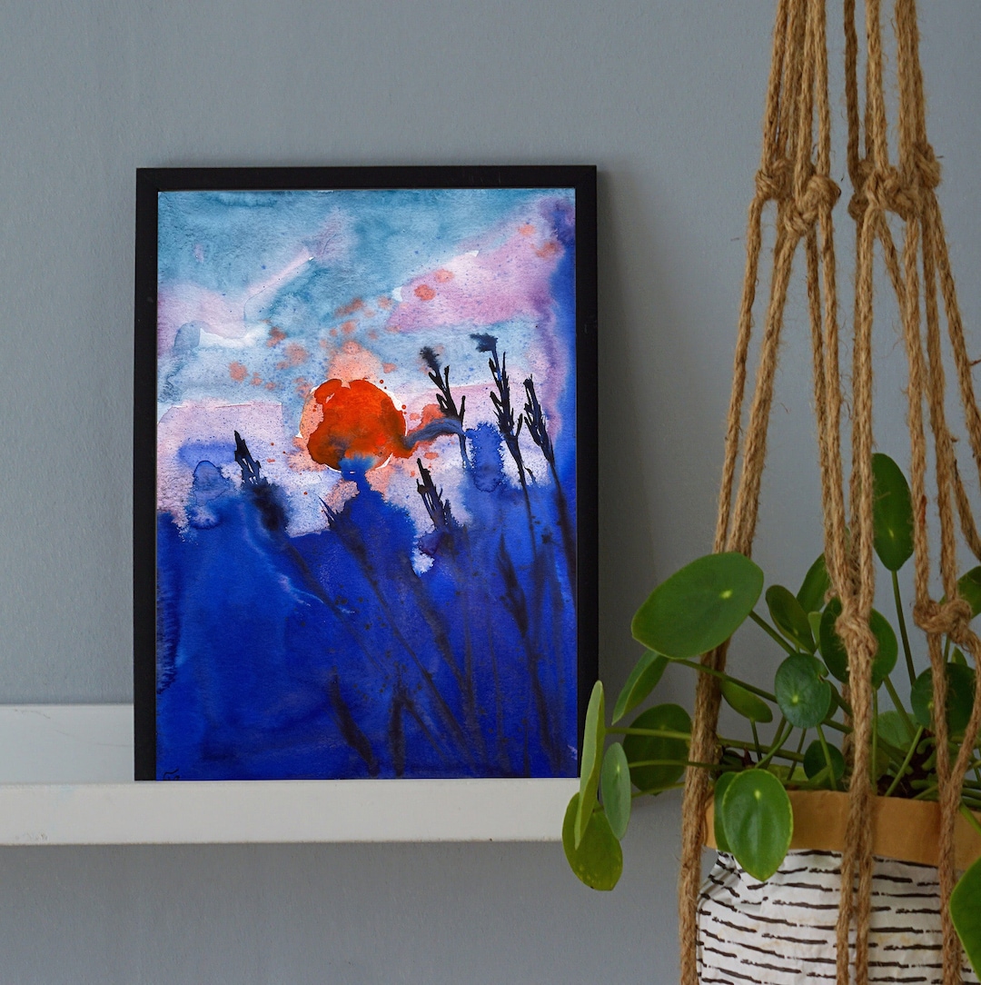 Abstract Watercolor Painting Red Sun Original Artwork Bright Etsy