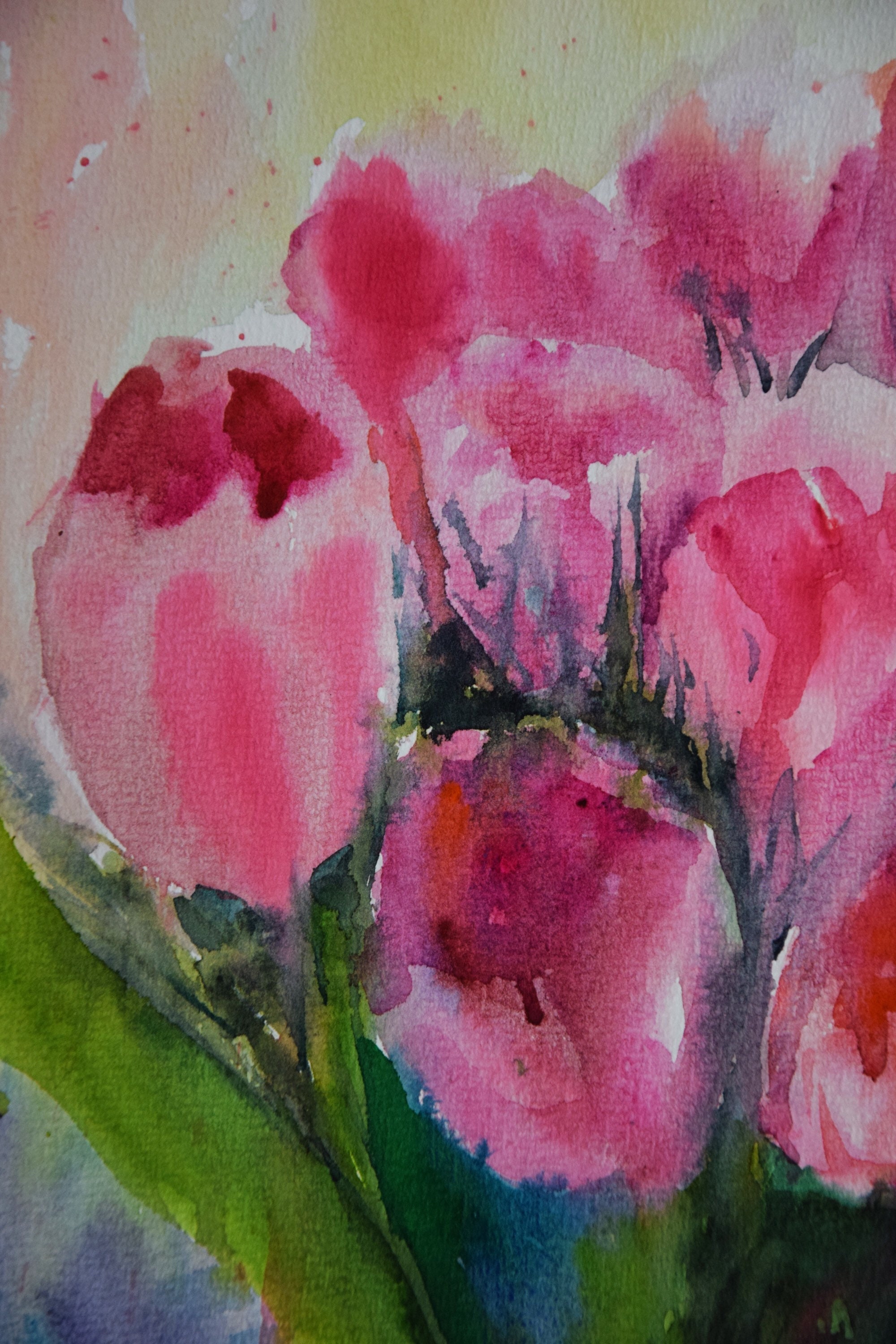 Pink tulips watercolor painting flower wall art floral | Etsy