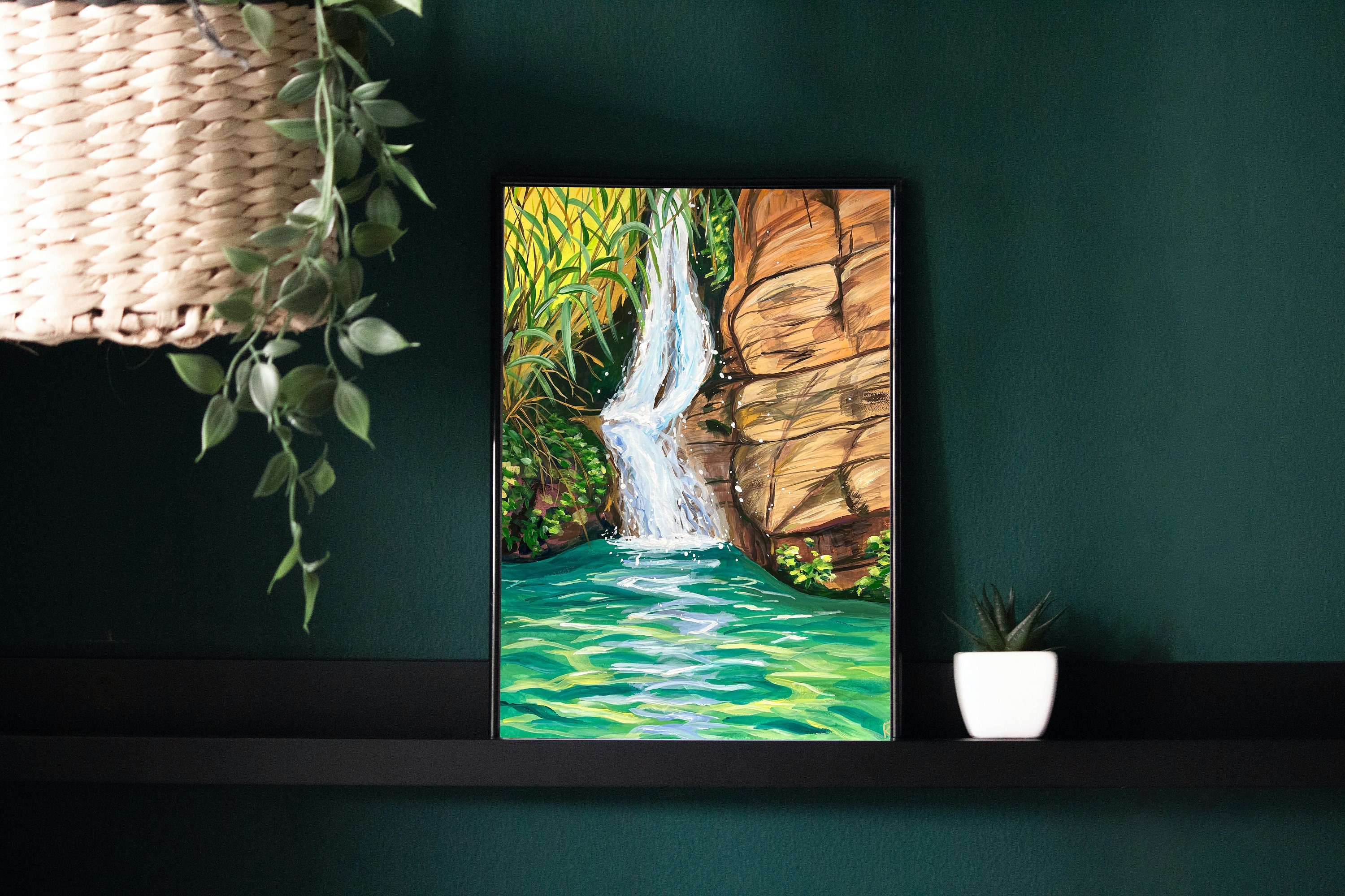 Waterfall Original Gouache Painting: Tropical Wall Art, Travel Gift