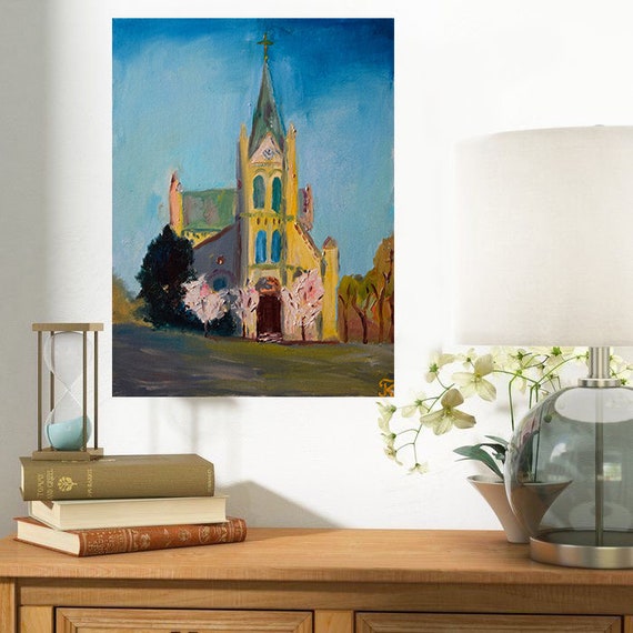 Church original oil painting on canvas spring old town | Etsy