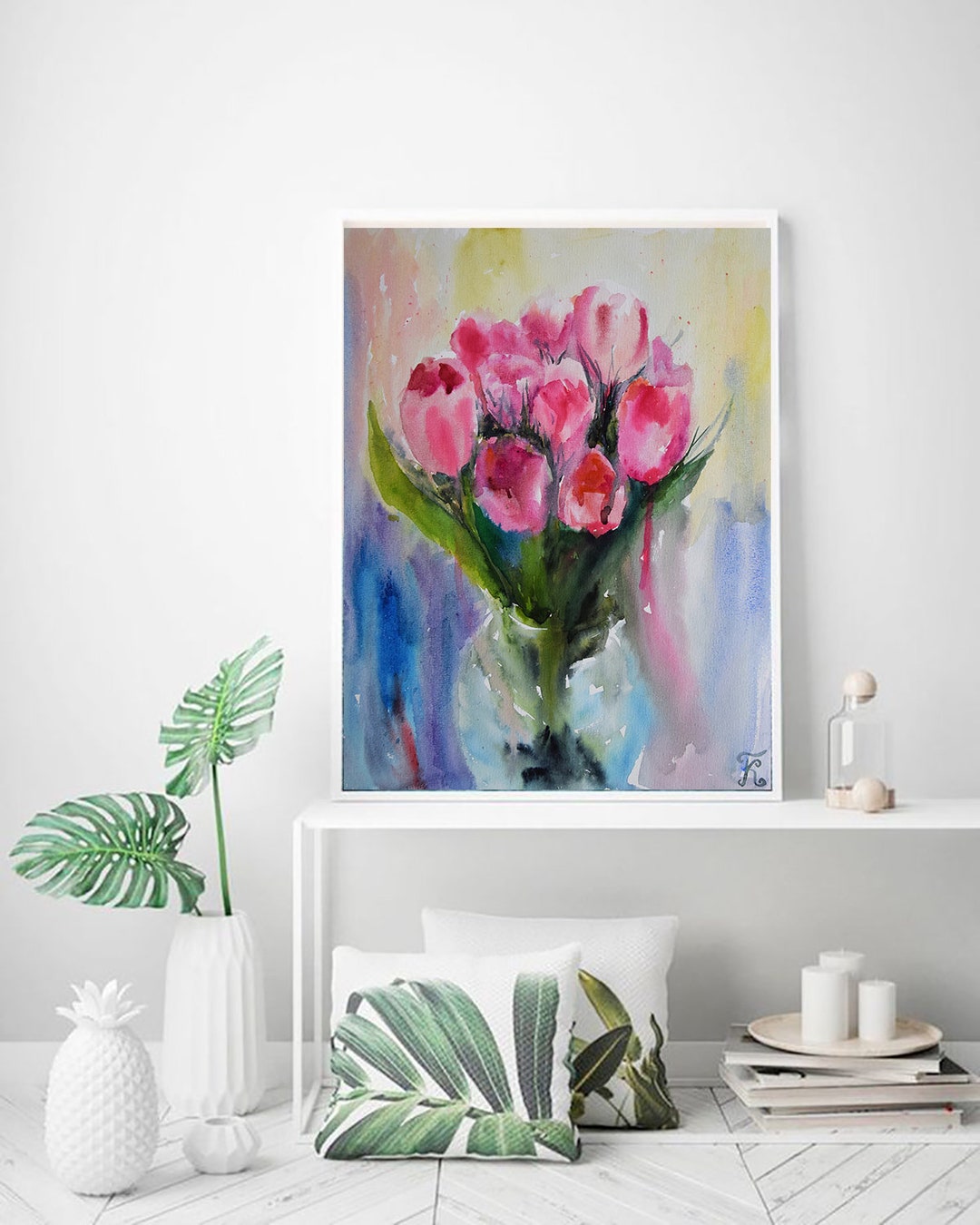 Original Pink Tulips Watercolor Painting: Floral Wall Art (19x14) - Etsy