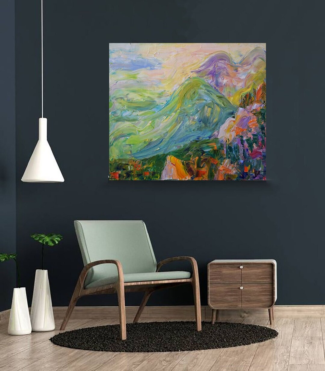 Mountains Oil Painting on Canvas, Large Abstract Landscape Wall Art ...