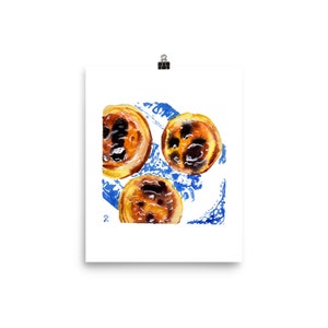 Portuguese food print, Lisbon cake watercolor painting, Pastel de Nata art, kitchen wall art image 2