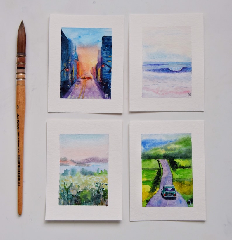 Landscape Miniature Watercolor Painting Mountains Field Tiny Etsy