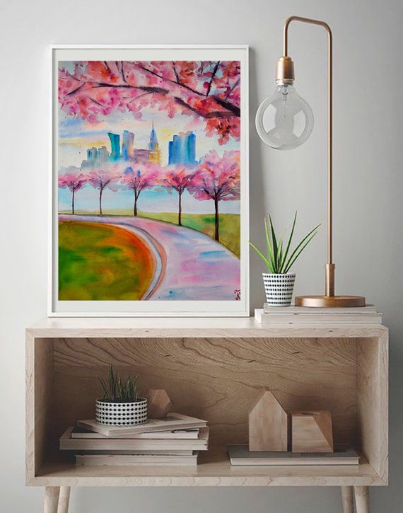 New York Print: Sakura Flowers Watercolor Painting, Spring Manhattan Art