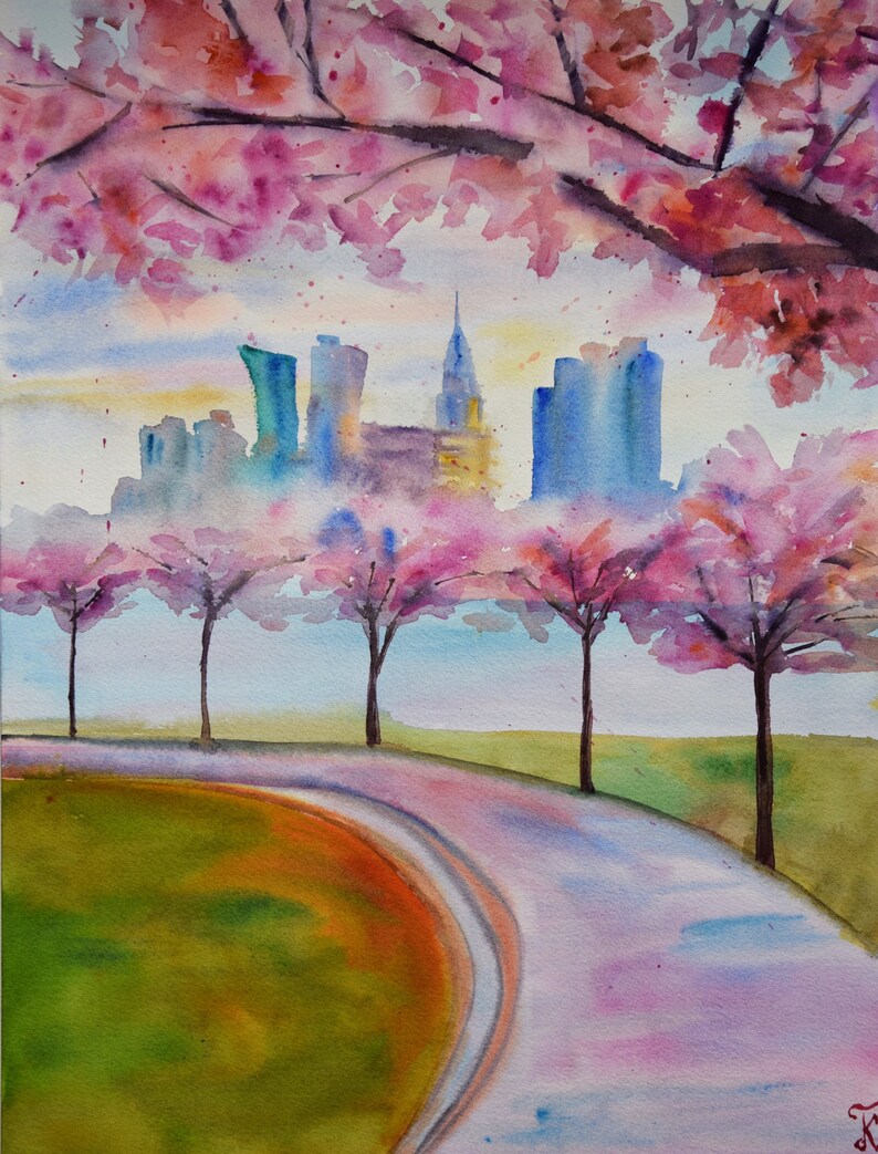 A watercolor painting of a city skyline with pink cherry blossoms in the foreground. The city is in the distance and the trees are in the foreground. A winding path leads to the city.