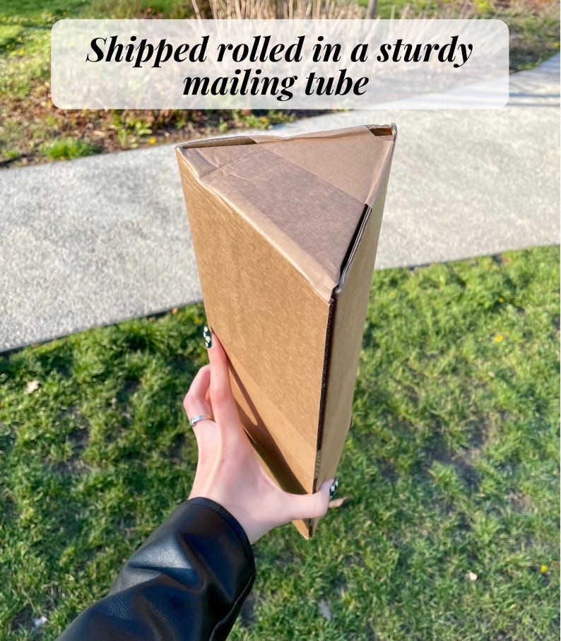 以下が含まれることがあります： 「Shipped rolled in a sturdy mailing tube」という文字が印刷された茶色の段ボール製の郵送用チューブです。